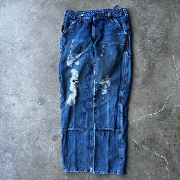 VINTAGE CARHARTT DOUBLE KNEE JEANS DENIM PANTS 32X34 THRASHED DISTRESSED PAINT - Picture 1 of 7